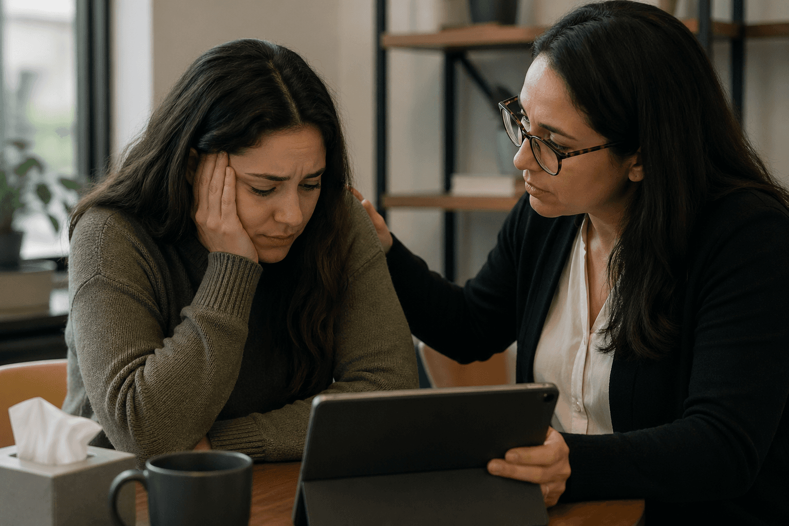 An advocate sits beside someone, helping them look at a tablet.